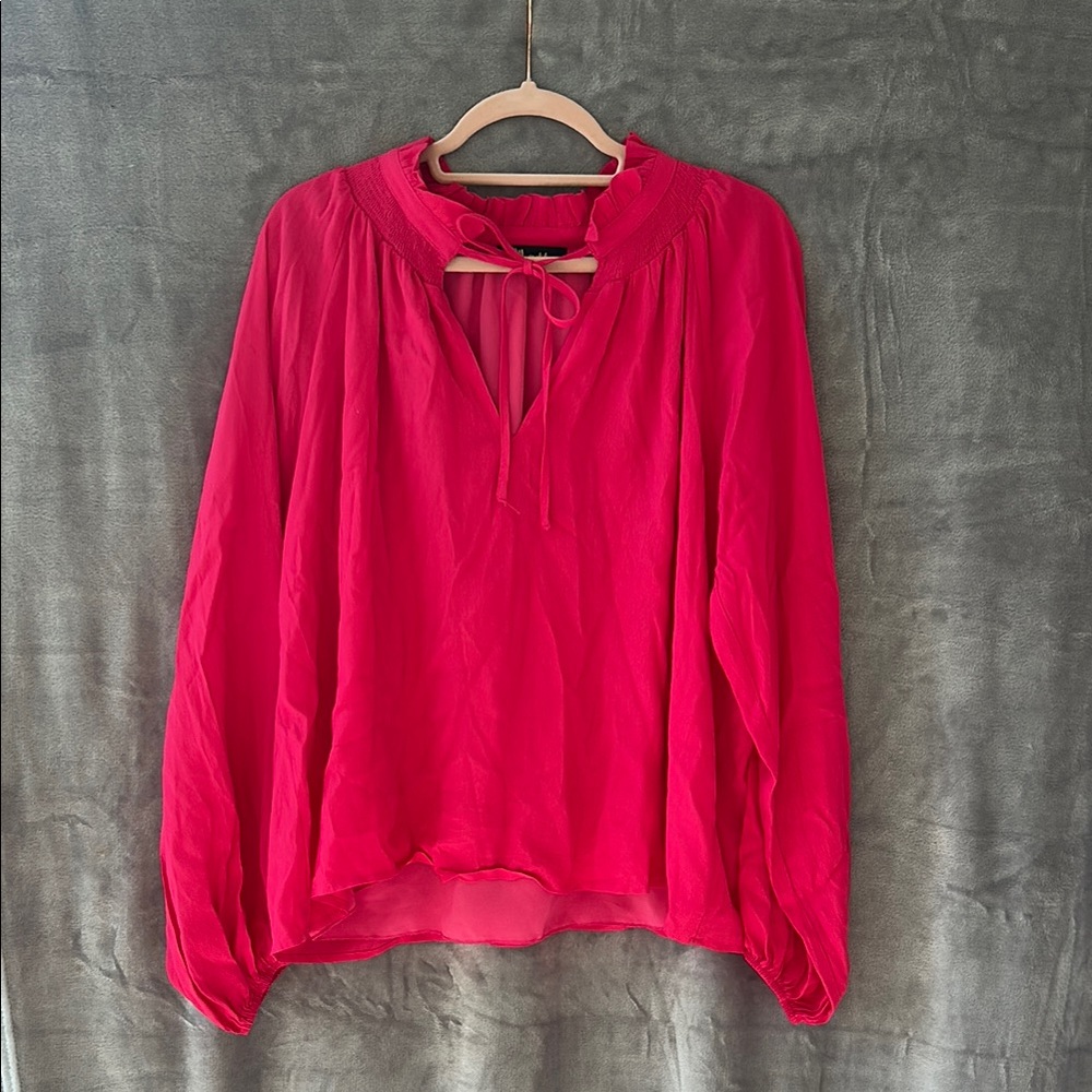 Pink Tie Front Blouse with Mandarin Collar and Long Sleeves